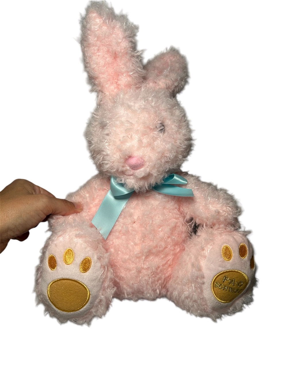 FAO Schwarz Pink Bunny Plush Rabbit Blue Ribbon Bow Stuffed Animal Toy